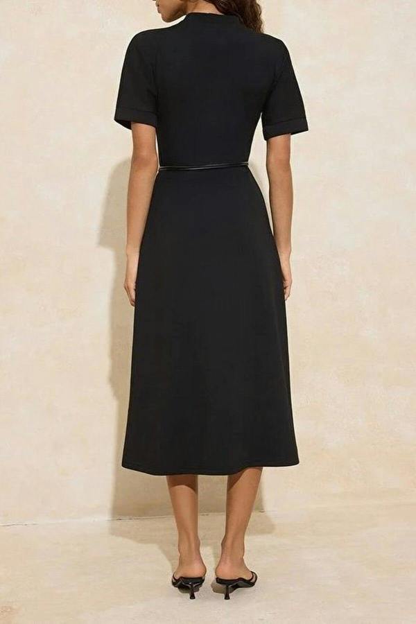 WOVCOR A-Line Boat Neck Short Sleeved Belted Midi Knitted Dress