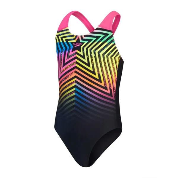 Speedo girls digital placement splashback swimsuit in black pink with rainbow zigzag