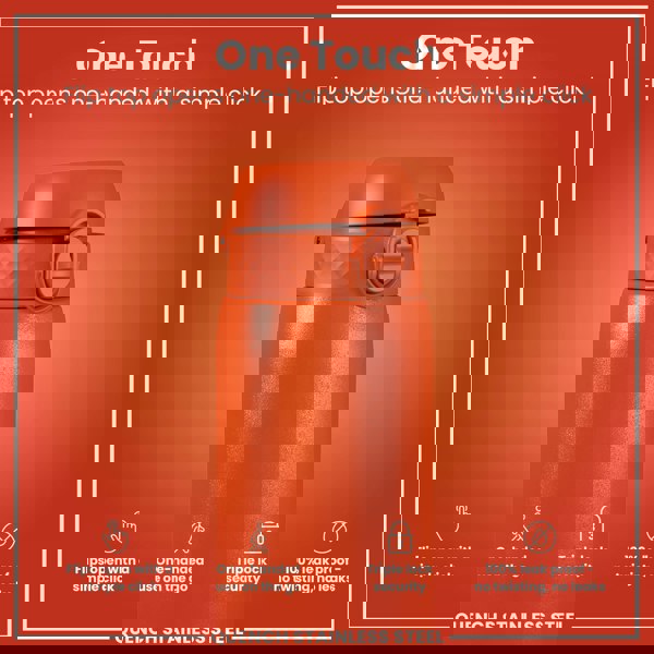 An orange stainless steel water bottle's flip top opens; one-handed operation is possible via a single click. The bottle features a triple lock security mechanism and is advertised as 100% leakproof.