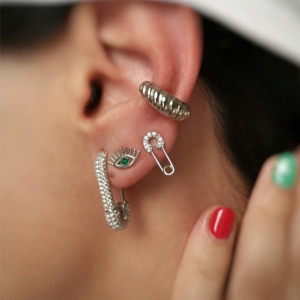 Spero London Sterling Silver Safety Pin Stud Croissant Ear Cuff and Emerald Evil Eye Earrings Set