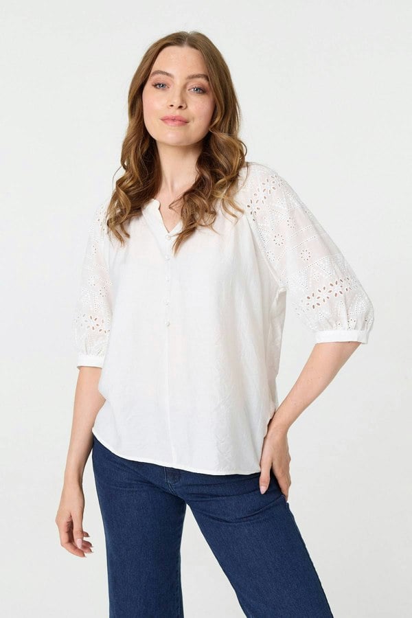 White | Broderie Anglaise 3/4 Puff Sleeve Blouse