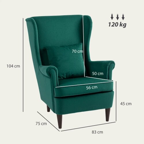 Wyld Haus Velvet Dark Green Wingback Accent Chair With High Back Pillow And Wooden Legs