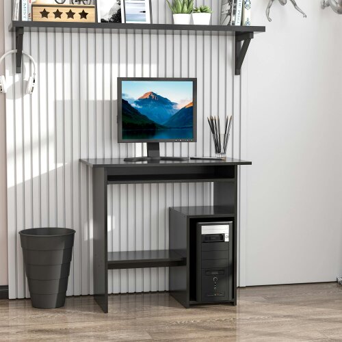 Wyld Haus Moke 80cm Wooden Black Compact Corner Desk With Keyboard Tray And Storage Shelves