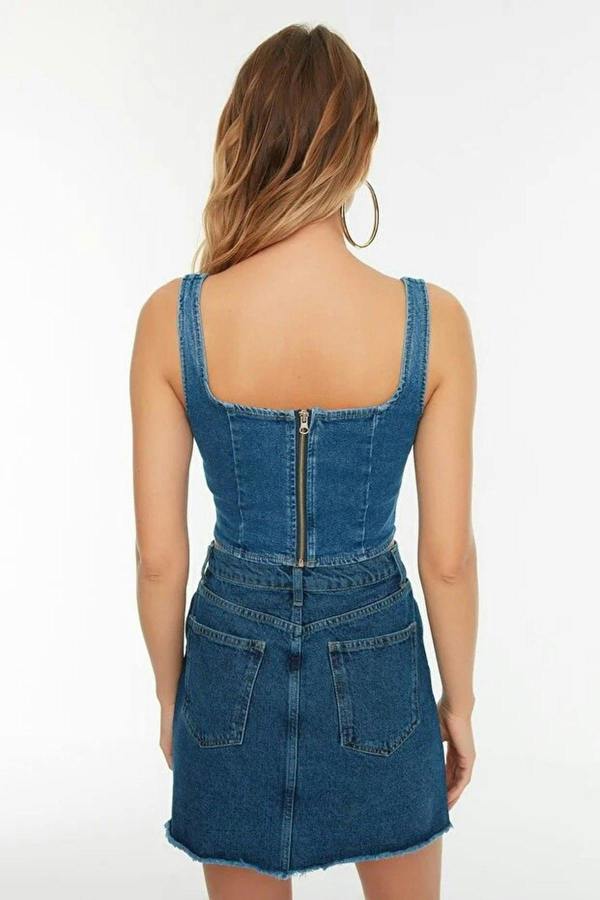 WOVCOR Strappy Denim Blouse with Stitching Detail