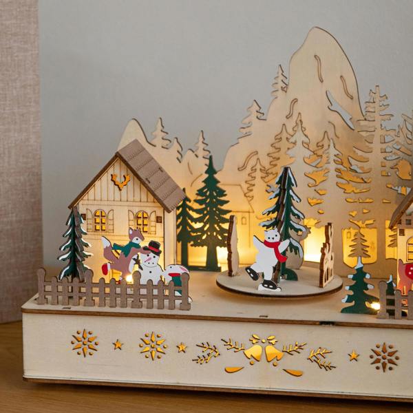 Samuel Alexander 28cm Light Up Wooden Winter Village Christmas Scene with 8 Warm White LEDs