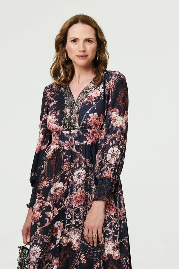 Black | Printed Long Sleeve Empire Maxi Dress
