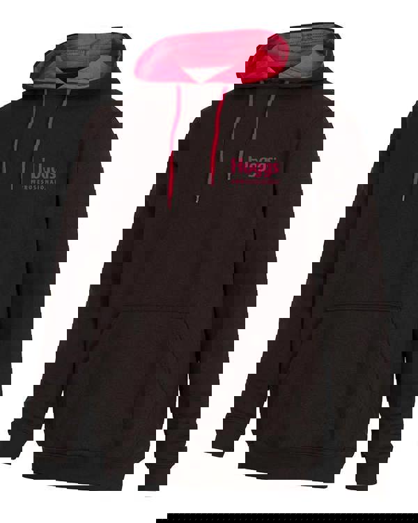 Hoggs of Fife Professional Mens Logo Pullover Sweatshirt Hoodie, black hoodie with pink logo and pink interior lining, front view.