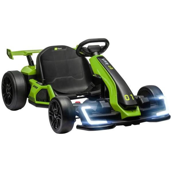 Green electric go-kart for kids with adjustable seat and LED lights