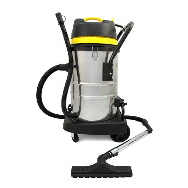 MAXBLAST 50L Industrial Vacuum Cleaner with stainless steel body, yellow accents, flexible hose, and sturdy wheels for easy mobility