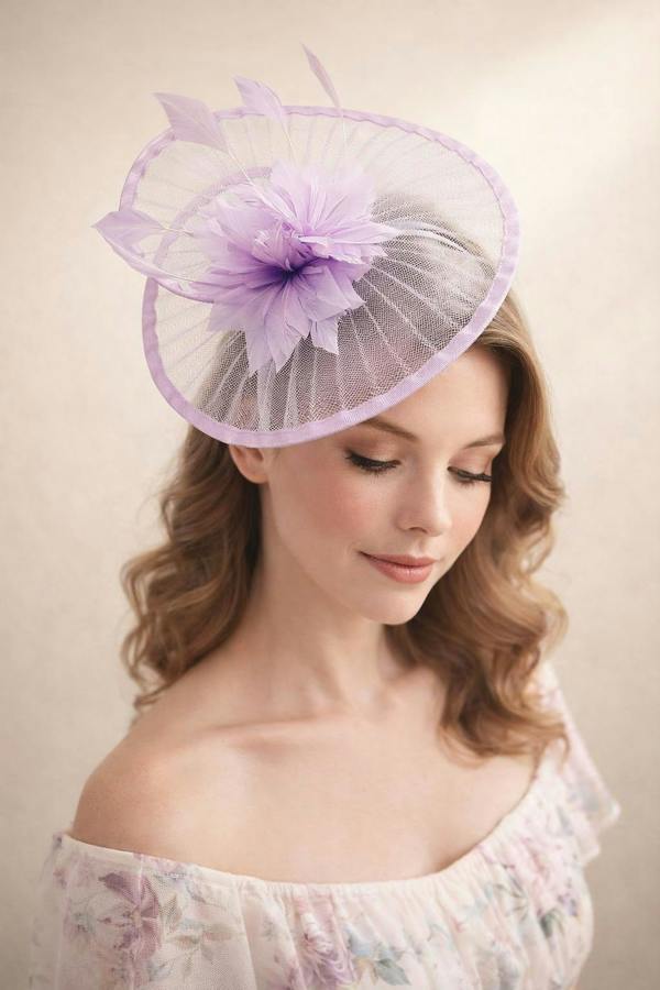 Spiral Circular Brim Fascinator with Feathers Burst in Lilac - svnx