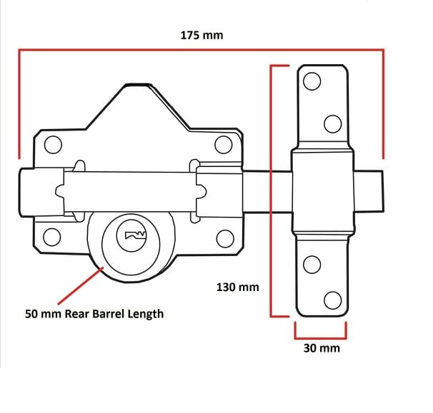 Haven Heritage 50mm Single Locking Long Throw Gate Cays Lock,Elongated Keep with Stainless Steel Bar
