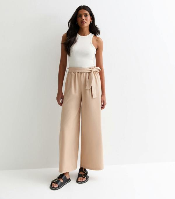 Gini London Camel Elasticated Wide leg Tie detail Trousers