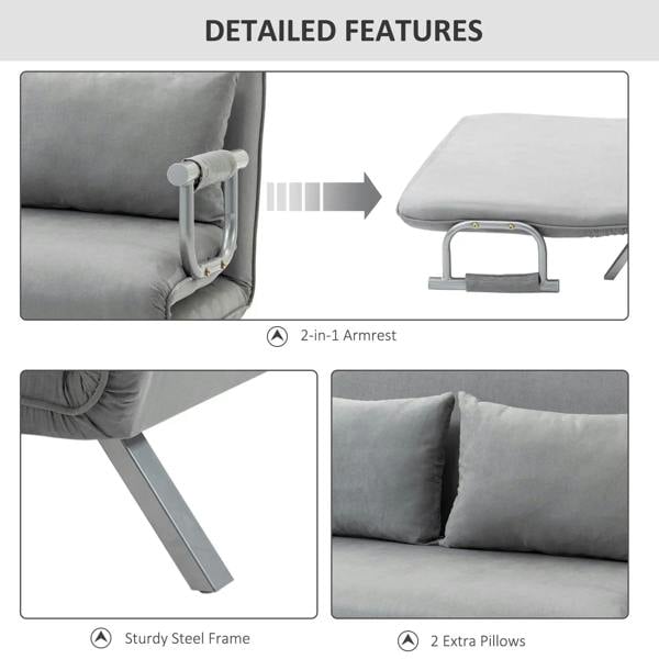 Light grey sofa bed detail with fold-down mechanism and two extra pillows