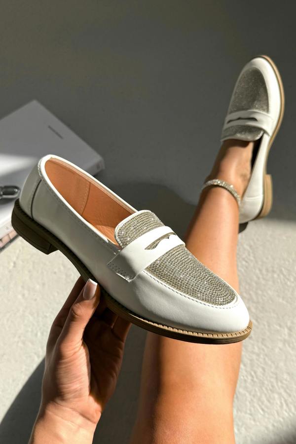 Crystal Shimmer Dream Panel Loafers White with classic loafer silhouette
