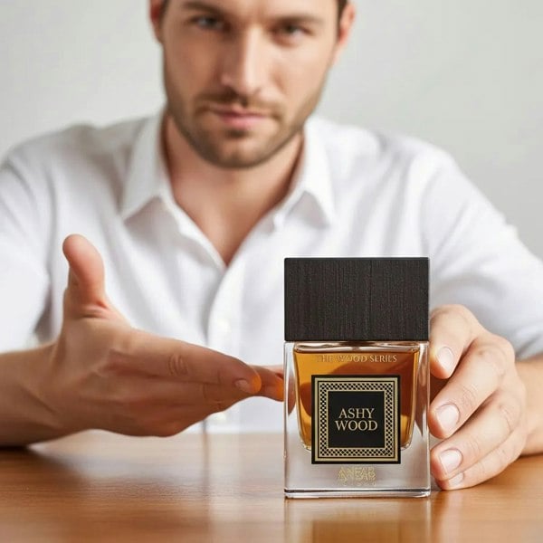 Anfar Ashy Wood 100ml Extrait de Parfum held on table by model