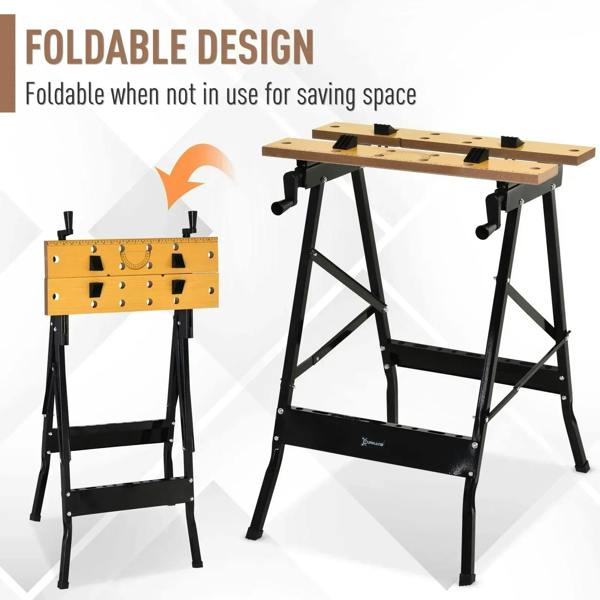 Folding clamp table showing folded and open positions, with light wood top and black frame
