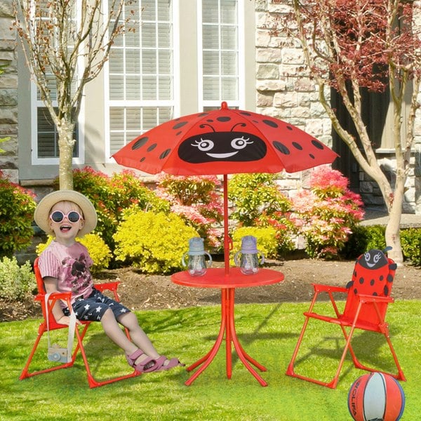 Outsunny Kids Folding Picnic Table Chair Set Ladybug Pattern Outdoor w/ Parasol