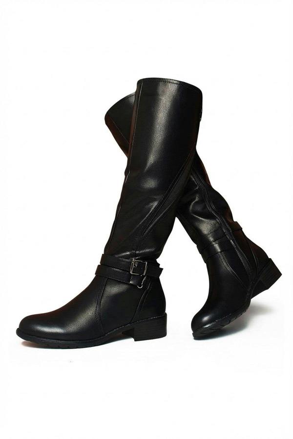 Nina Faux Leather Buckle Knee High Boots - Black_wb