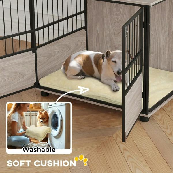 Dog crate end table with cushioned interior, brown wood-look base, and hinged side door