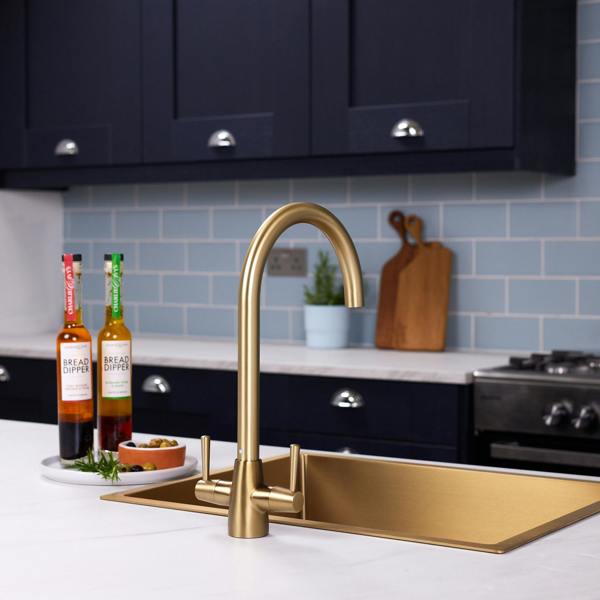 Flode Harstad | Dual Lever Kitchen Sink Mixer Tap with Swivel Spout | Brushed Brass Finish