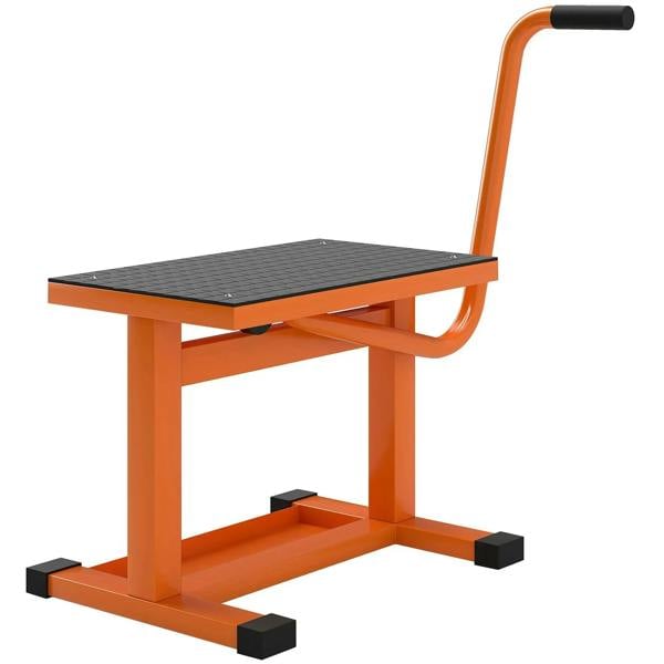 Orange steel motorbike jack lift with black platform and base support pads