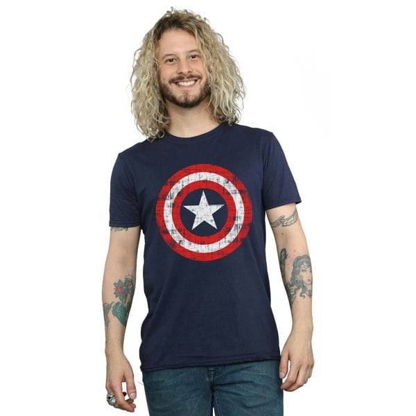 Marvel Mens Avengers Captain America Scratched Shield T-Shirt - Navy Blue
