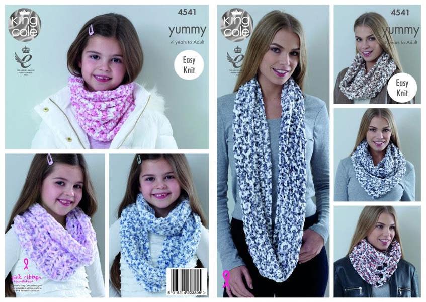 King Cole Yummy Knitting Pattern 4541, Scarves for Kids, Teenagers, Women, 4 Years- Adult - Easy