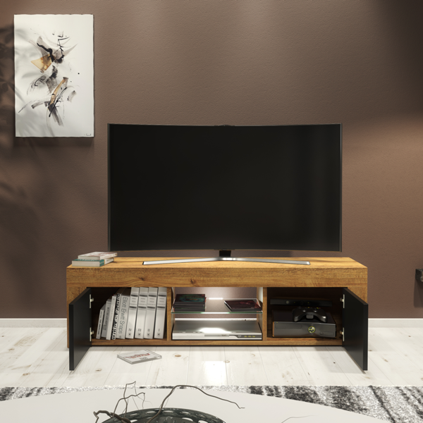 Mex Furniture 130cm Oak TV Unit Cabinet with Black Matt Doors and Free LED Lights