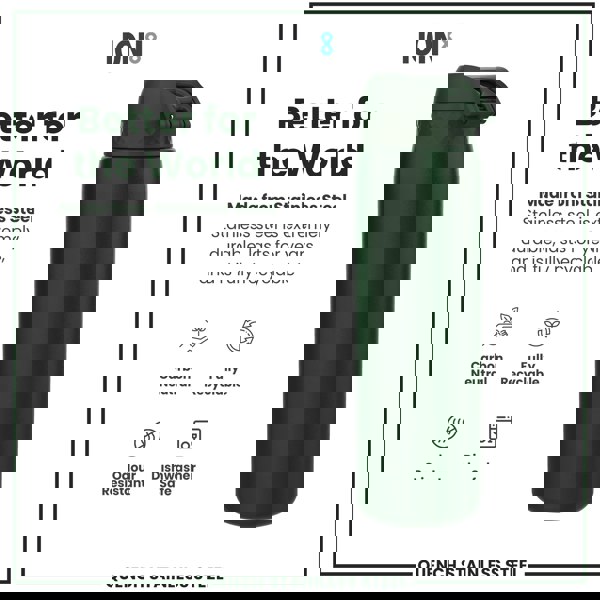 ION8 Leak Proof 1 Litre Water Bottle, Stainless Steel, Dark Green, 1L