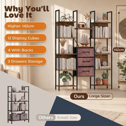 HOMCOM 5-Tier Bookcase with Open Shelves Drawers, Rustic Brown