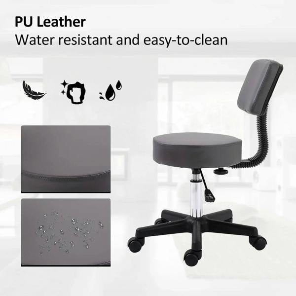 Grey PU leather salon chair with padded seat and backrest, swivel base, rolling wheels