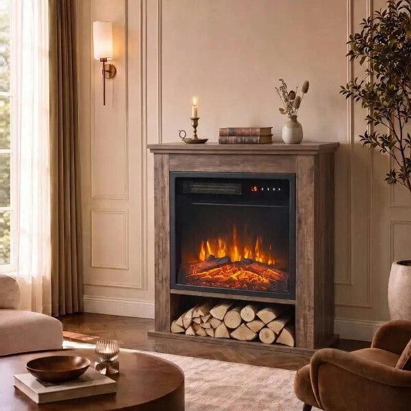 Electric Fireplace Suite with Shelf, 25" 1800W Electric Fire and Surround with LED Flame, 5 Brightness, Remote, Oak - Oak