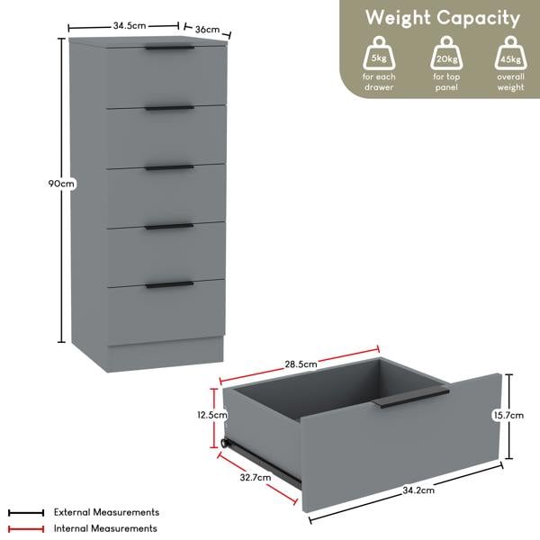 Vida Designs Trega 5 Drawer Narrow Chest, Black