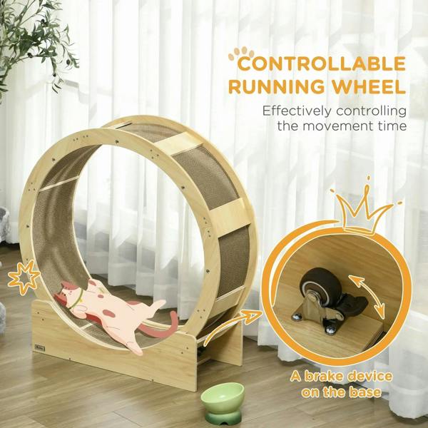 Cat exercise wheel with brake device on base, oak tone, grey running track