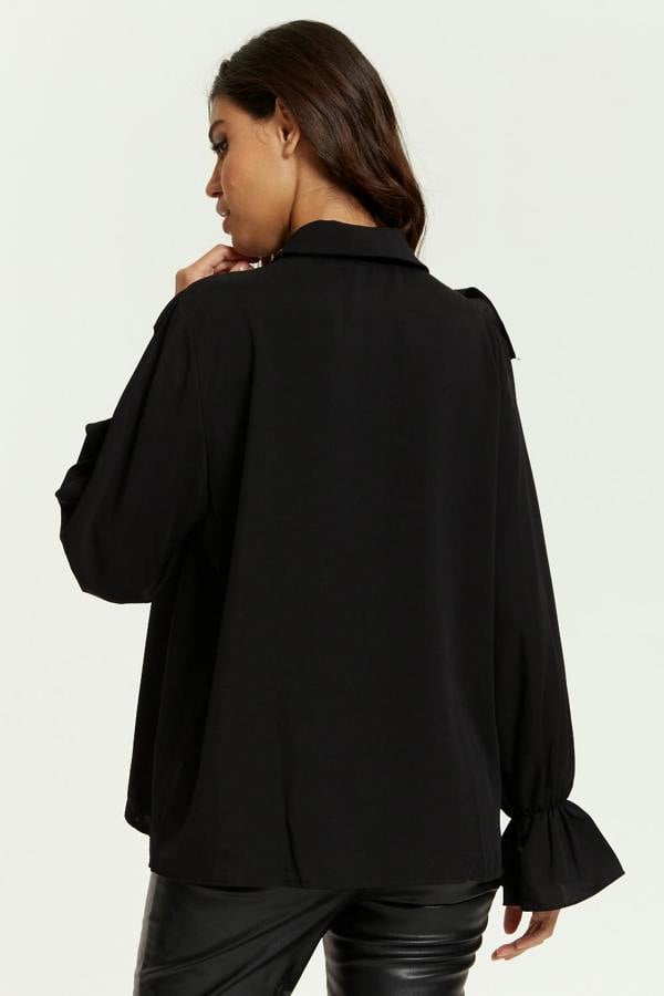 Hoxton Gal Ruffle Detailed Front with Ruffle Sleeves Shirt in Black