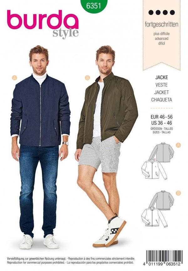Burda Sewing Pattern 6351 Jackets For Men, 36 to 46 - Advanced