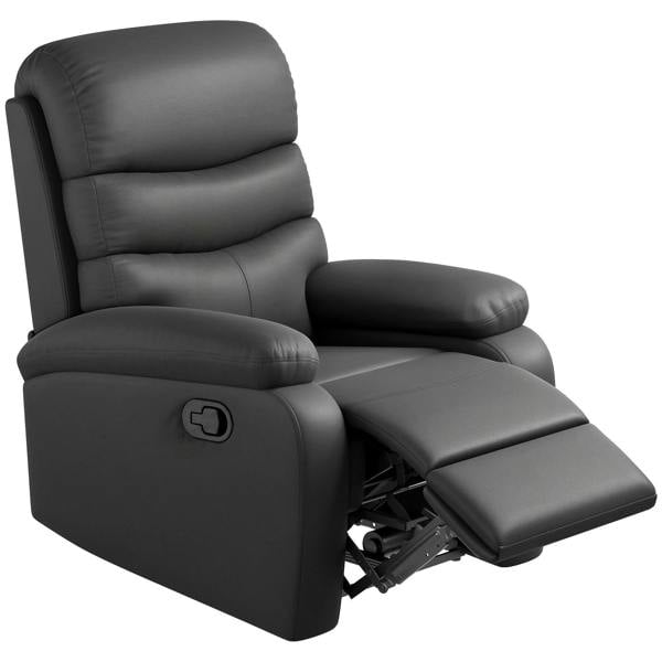 Black PU leather manual reclining chair with padded armrests and retractable footrest