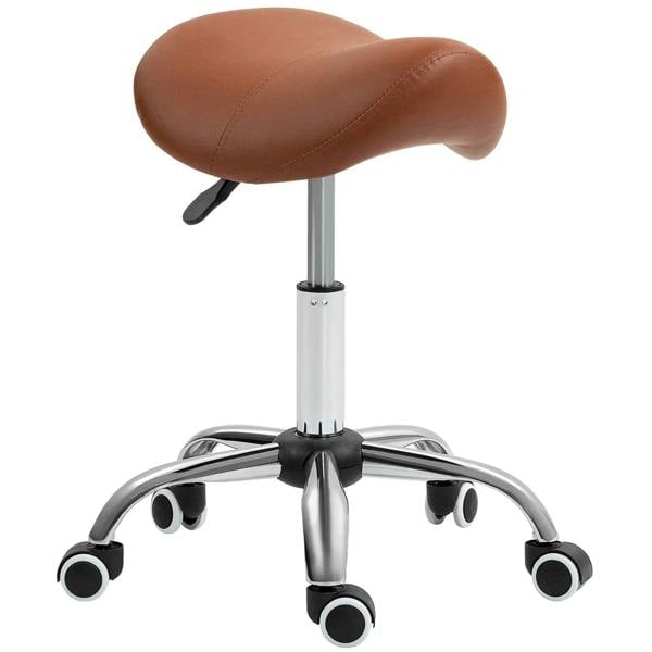 Height-adjustable saddle stool, brown faux leather seat, wheeled chrome base