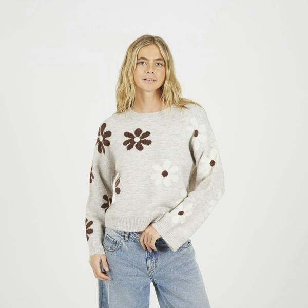Brave Soul Taupe Floral Jacquard Knit Jumper - Taupe Image 1