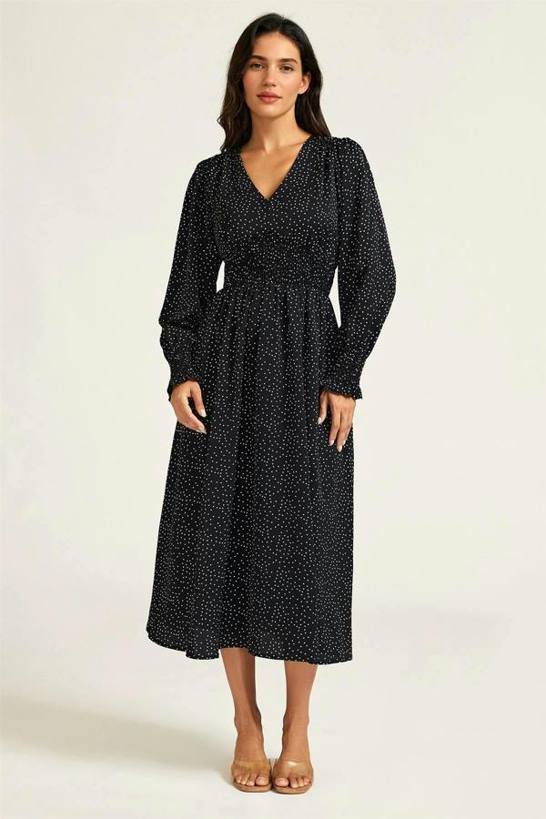 FS Collection Polka Dot Print Long Sleeve Midi Dress In Black