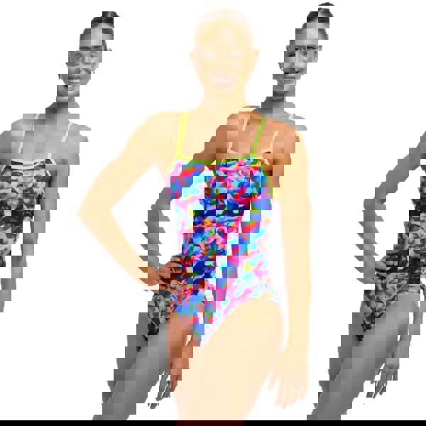 Funkita Wet Wave single strap swimsuit in blue multi with neon butterfly print