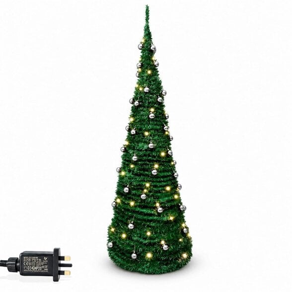 Shatchi 4ft to 6ft Pre-Lit Pop Up Christmas Tree with Warm White LED Lights and Silver Baubles - PVC - Silver