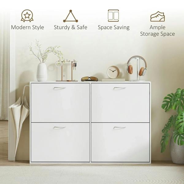 White shoe cabinet with four panel doors and sleek curved handles