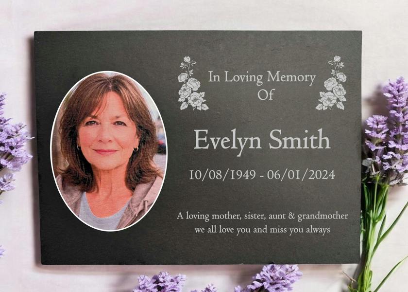 Memorials Direct Photo Slate Memorial Plaque, Peony,  Add a Portrait & Personalised Text | 35×25cm (14×10”)