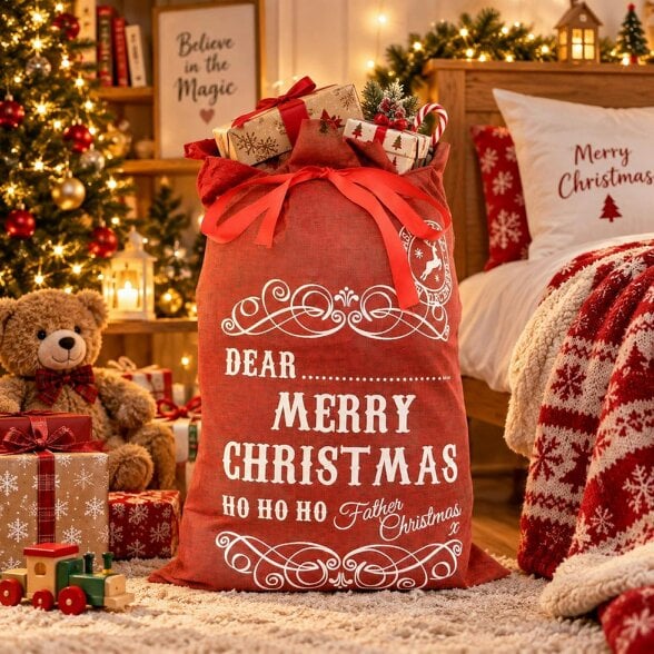 Shatchi 31cm Red Christmas Gift Sack with Ribbon Tie for Personalised Festive Present Wrapping