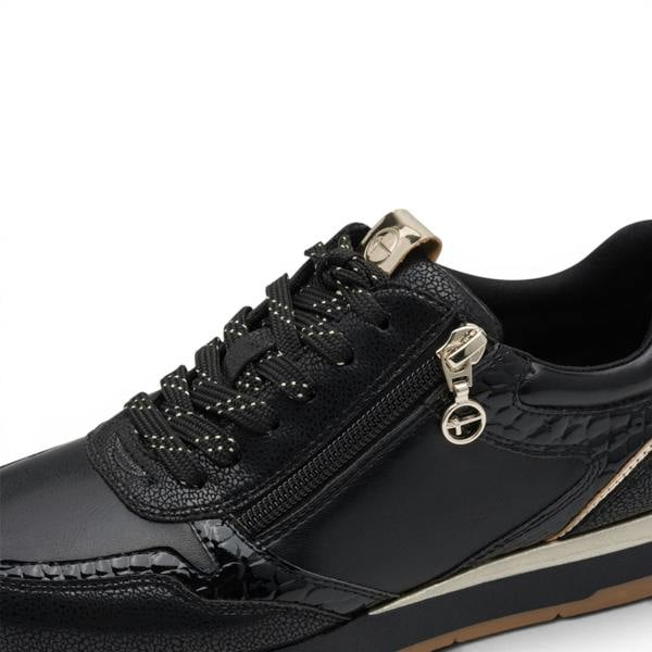 Tamaris Womens Black Faux Leather Fashion Lace Up Sneakers - 23613-46