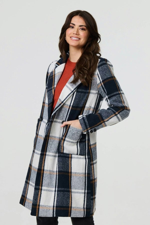 Navy | Checked Double Breasted Trench Coat
