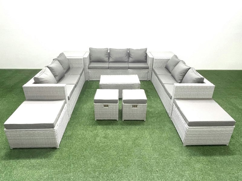 Fimous 10 Pieces Rattan Garden Furniture Set Outdoor Garden Sofa Coffee Table Set with 2 Side Tables 4 Footstools Light Grey Mixed