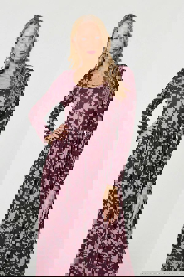 Red | Floral Long Sleeve Jersey Maxi Dress
