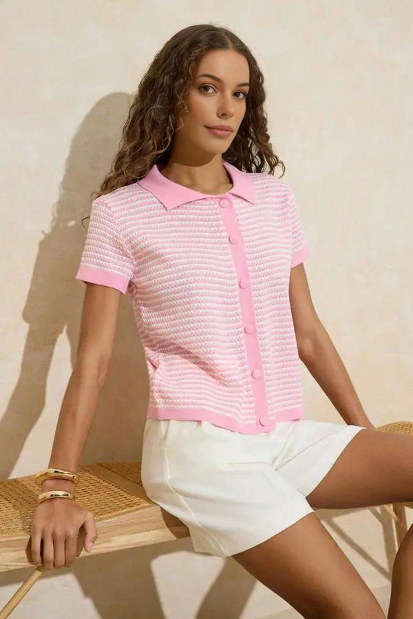 Hoxton Gal Striped Polo Neck Knit Mid-Length Blouse